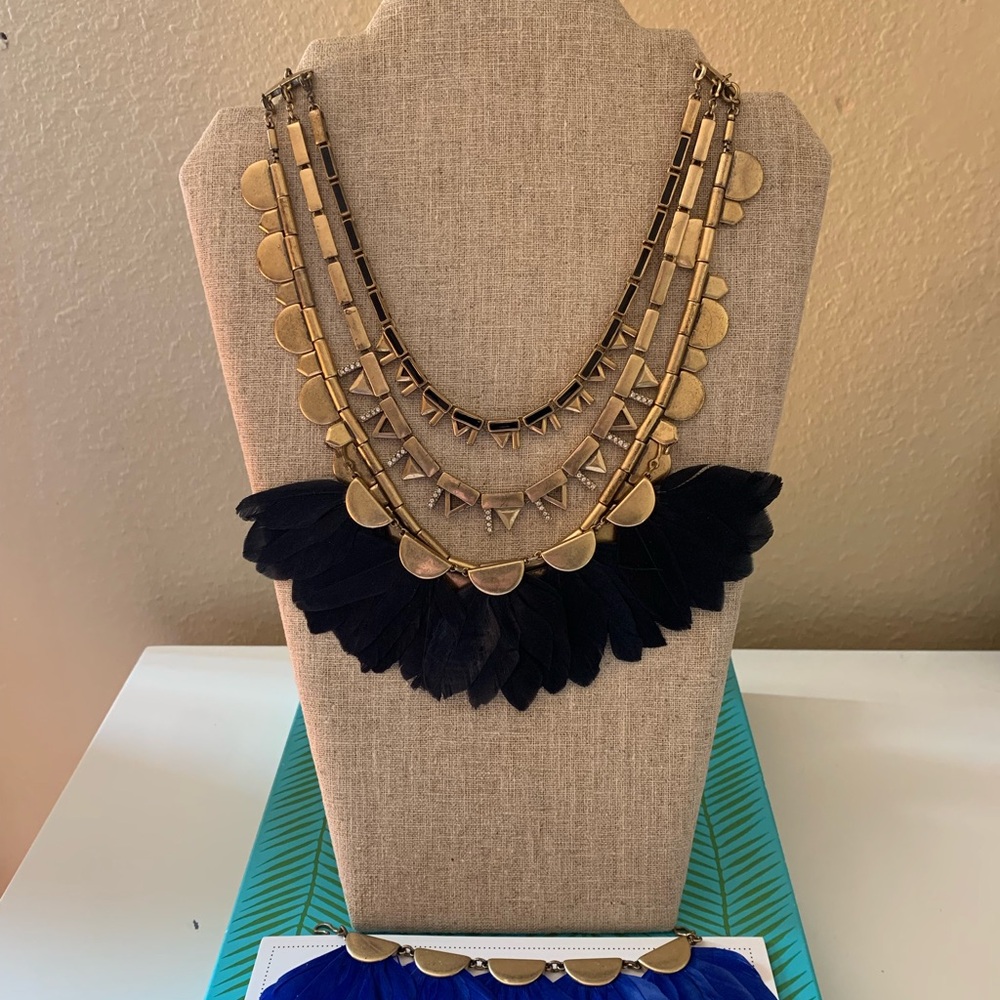 Stella & Dot Plume Gold and Black Feather Necklace